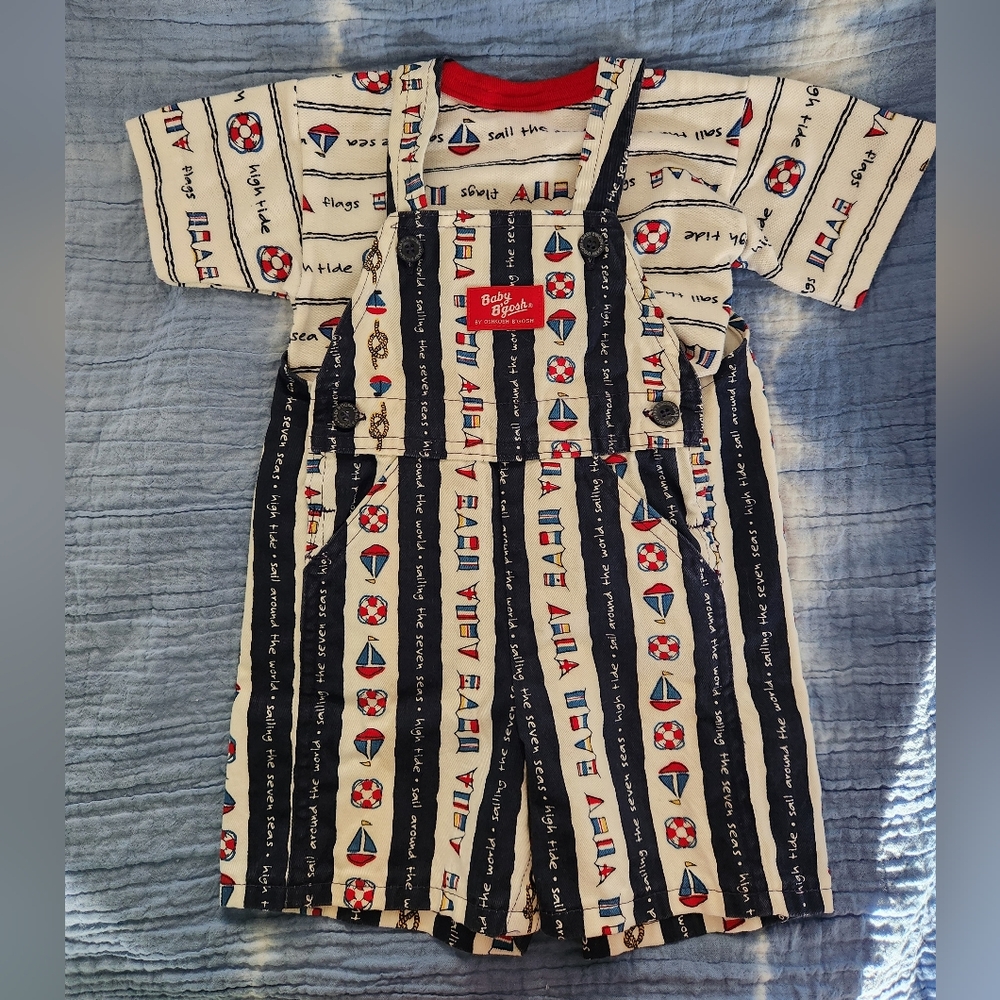 Vintage Baby B'gosh Nautical Sail Boat Stripe Cotton Romper - Red, Blue, White